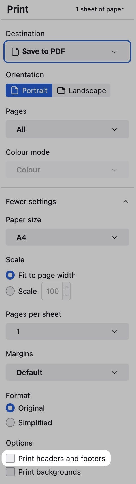 Removing headers/footers from prints